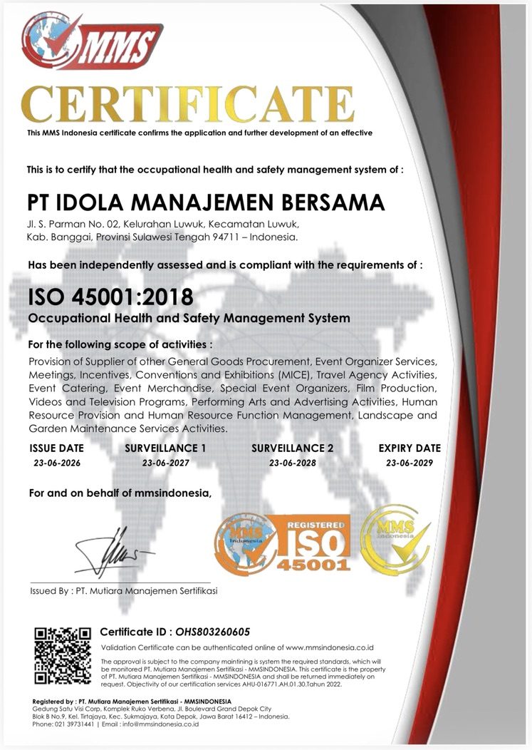 Portfolio Image: Sertificate ISO 45001 PT Idola Manajemen Bersama