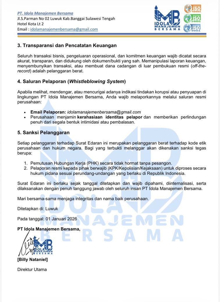 Portfolio Image: Surat edaran Anti Korupsi Halaman 2 PT Idola Manaj